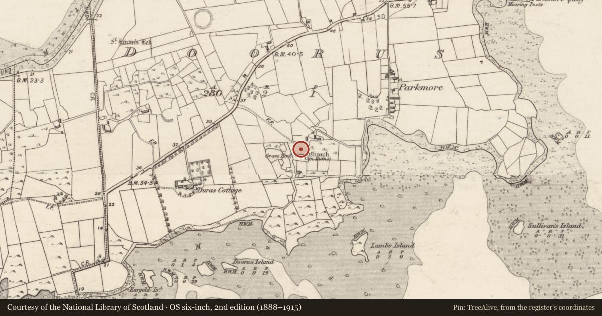 Ordnance Survey six-inch map, 2nd edition (1888–1915) covering the location of Graveyard, Doorus, County Galway, with a pin at the register's coordinates
