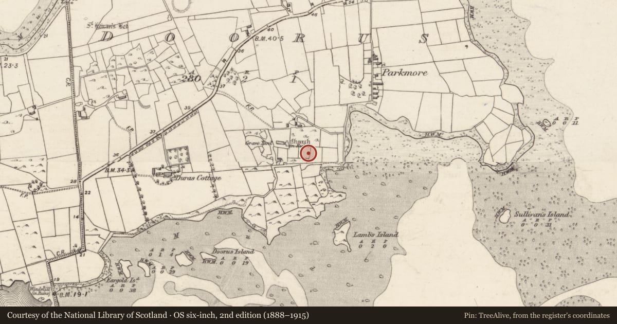 Ordnance Survey six-inch map, 2nd edition (1888–1915) covering the location of Souterrain, Doorus, County Galway, with a pin at the register's coordinates