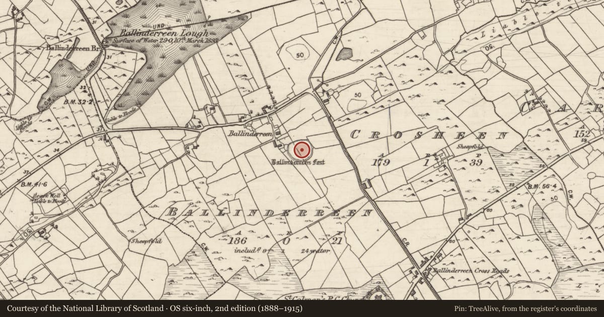 Ordnance Survey six-inch map, 2nd edition (1888–1915) covering the location of Ringfort - rath, Ballinderreen, County Galway, with a pin at the register's coordinates
