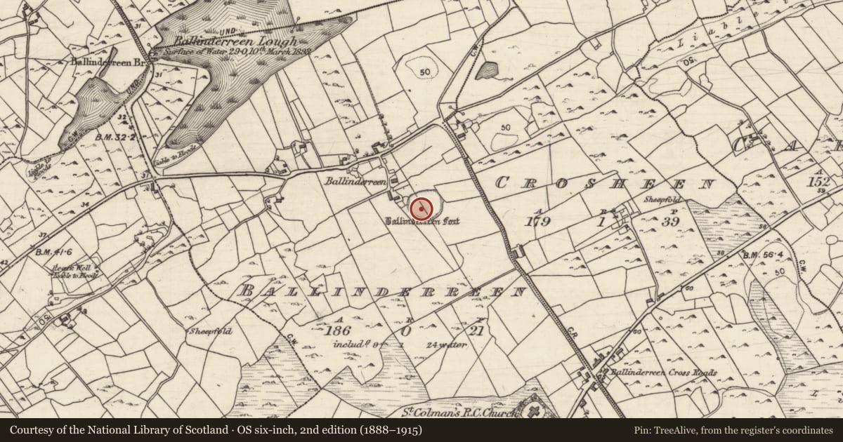 Ordnance Survey six-inch map, 2nd edition (1888–1915) covering the location of Souterrain, Ballinderreen, County Galway, with a pin at the register's coordinates