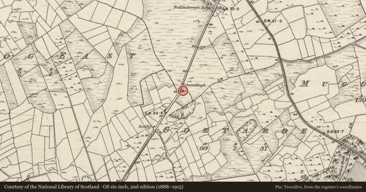 Ordnance Survey six-inch map, 2nd edition (1888–1915) covering the location of Well, Ballinderreen, County Galway, with a pin at the register's coordinates