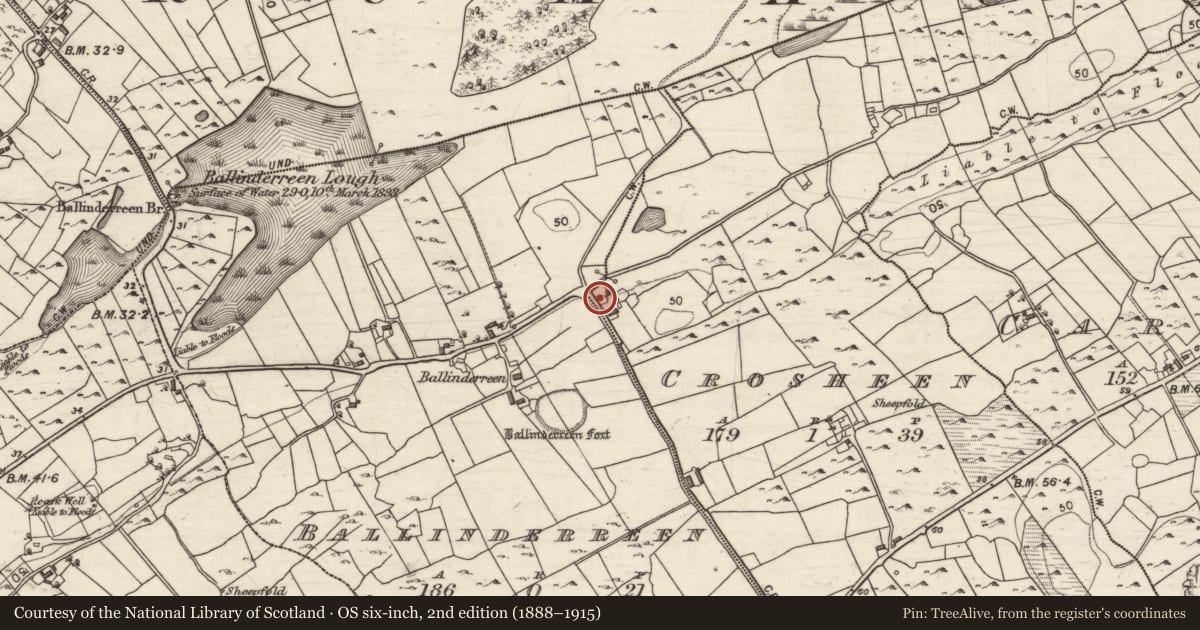 Ordnance Survey six-inch map, 2nd edition (1888–1915) covering the location of Chapel, Ballinderreen, Crosheen, County Galway, with a pin at the register's coordinates