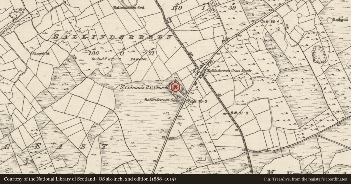 Ordnance Survey six-inch map, 2nd edition (1888–1915) covering the location of Church, Ballinderreen, County Galway, with a pin at the register's coordinates