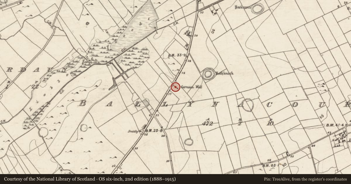 Ordnance Survey six-inch map, 2nd edition (1888–1915) covering the location of Well, Ballynacourty, County Galway, with a pin at the register's coordinates