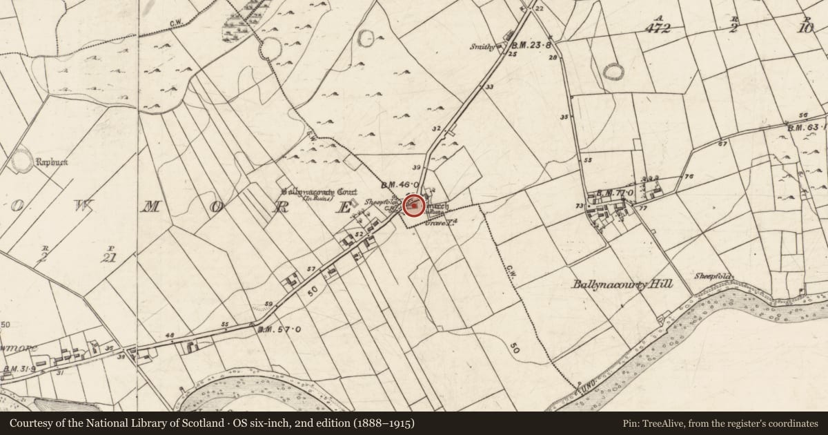 Ordnance Survey six-inch map, 2nd edition (1888–1915) covering the location of Church, Ballynacourty, County Galway, with a pin at the register's coordinates