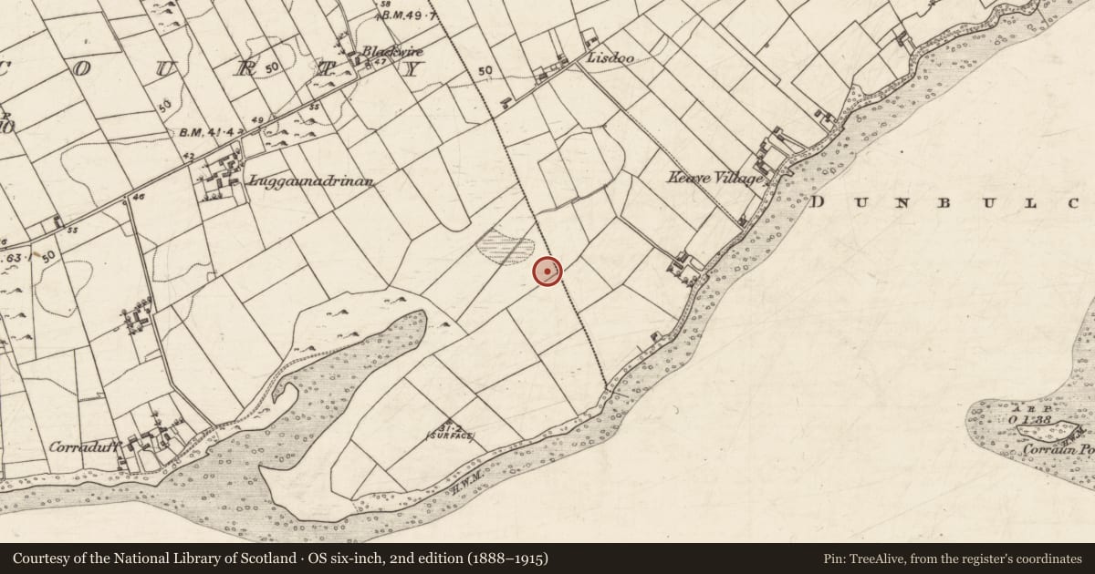 Ordnance Survey six-inch map, 2nd edition (1888–1915) covering the location of Fulacht fia, Ballynacourty, County Galway, with a pin at the register's coordinates
