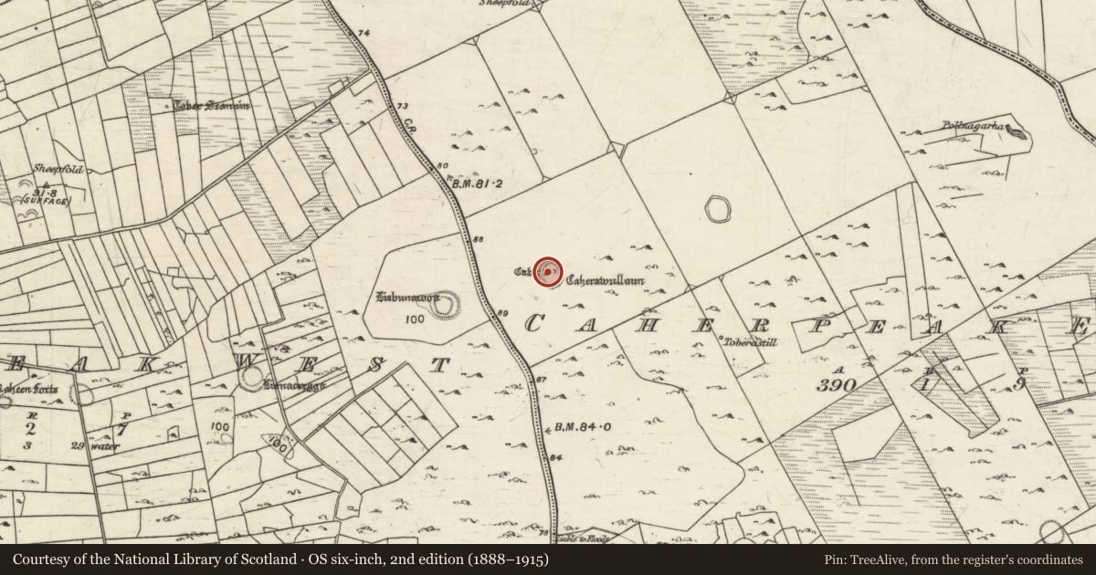 Ordnance Survey six-inch map, 2nd edition (1888–1915) covering the location of Ringfort - cashel, Caherpeak East, County Galway, with a pin at the register's coordinates