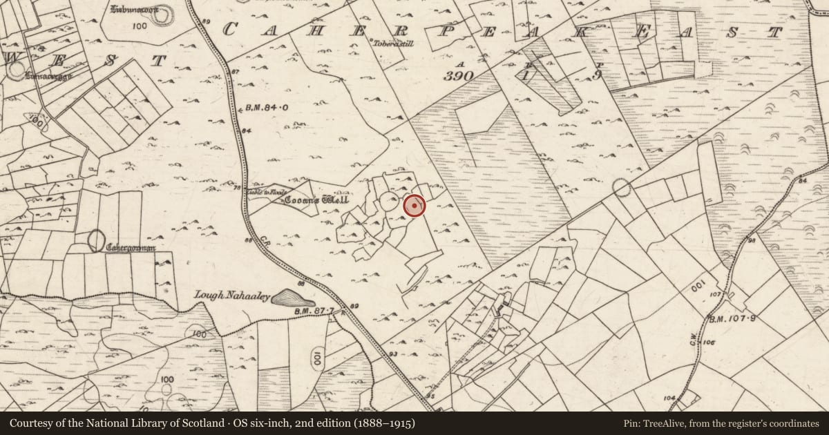 Ordnance Survey six-inch map, 2nd edition (1888–1915) covering the location of Field system, Caherpeak East, County Galway, with a pin at the register's coordinates