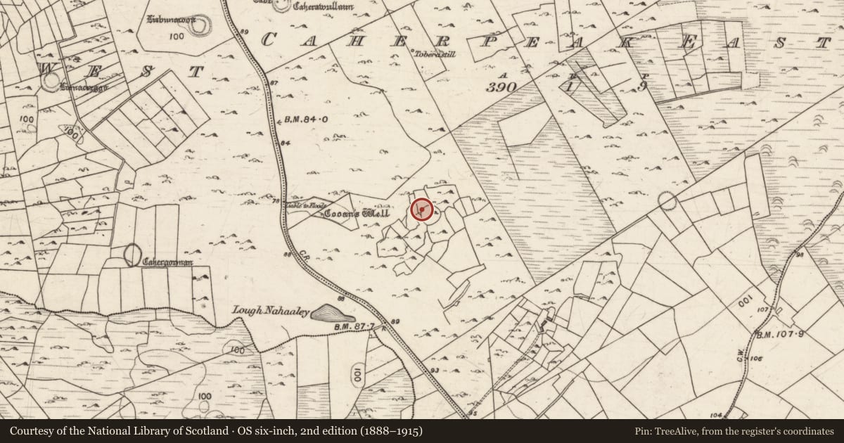 Ordnance Survey six-inch map, 2nd edition (1888–1915) covering the location of House - indeterminate date, Caherpeak East, County Galway, with a pin at the register's coordinates