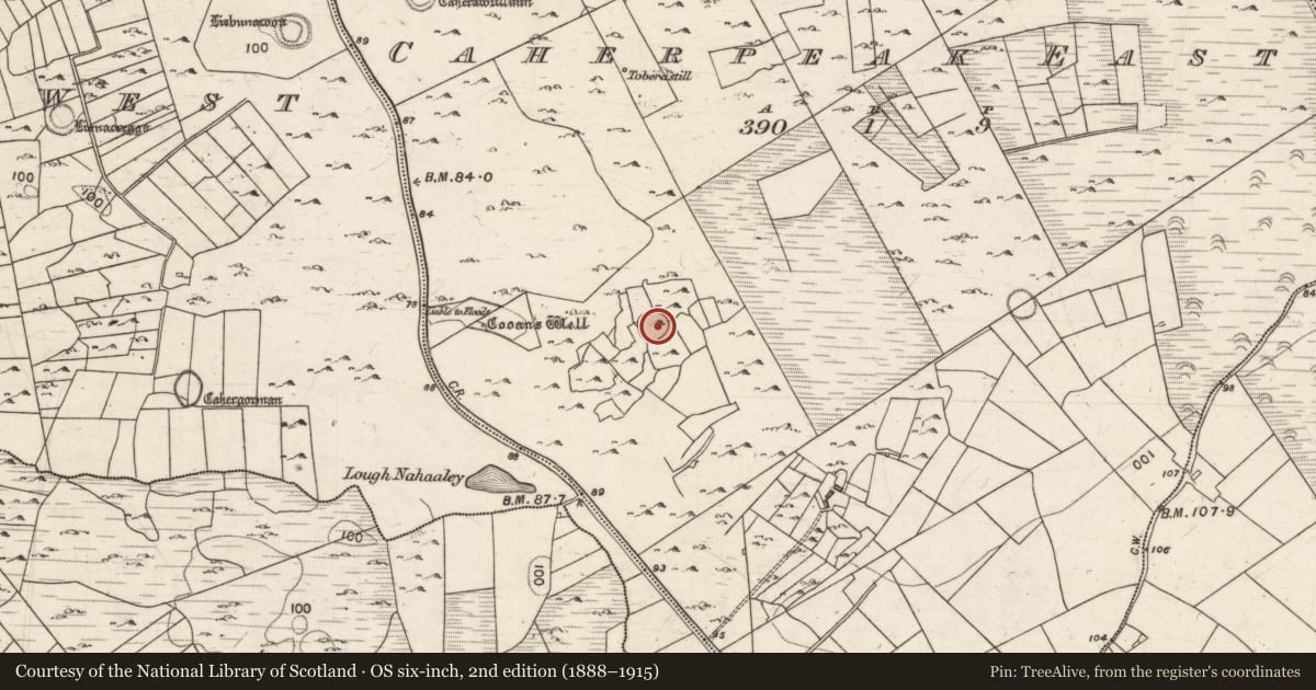 Ordnance Survey six-inch map, 2nd edition (1888–1915) covering the location of Enclosure, Caherpeak East, County Galway, with a pin at the register's coordinates