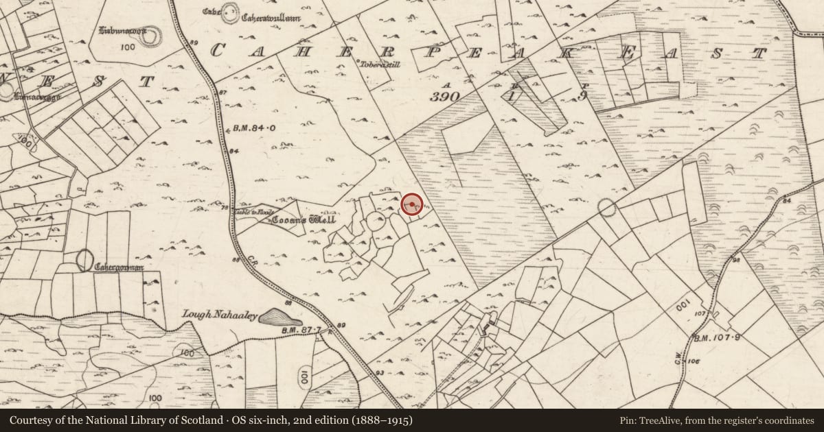 Ordnance Survey six-inch map, 2nd edition (1888–1915) covering the location of House - indeterminate date, Caherpeak East, County Galway, with a pin at the register's coordinates