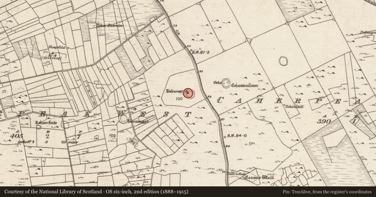 Ordnance Survey six-inch map, 2nd edition (1888–1915) covering the location of Ringfort - rath, Caherpeak West, County Galway, with a pin at the register's coordinates