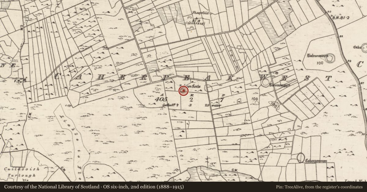 Ordnance Survey six-inch map, 2nd edition (1888–1915) covering the location of Ringfort - cashel, Caherpeak West, County Galway, with a pin at the register's coordinates