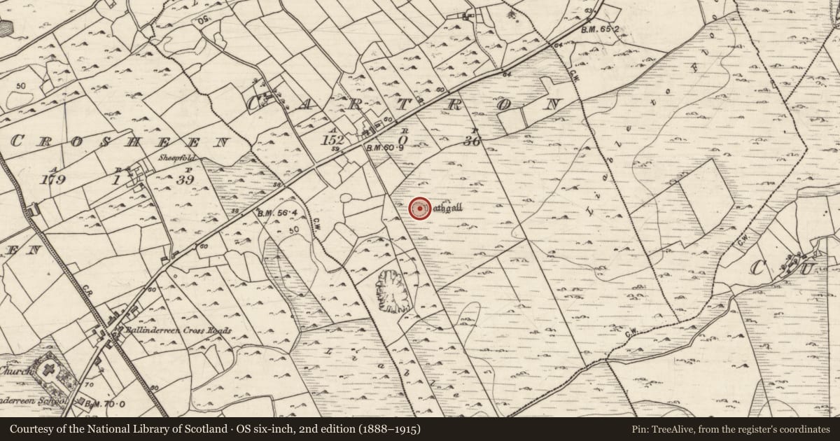 Ordnance Survey six-inch map, 2nd edition (1888–1915) covering the location of Ringfort - cashel, Cartron (Drumacoo ED ), County Galway, with a pin at the register's coordinates