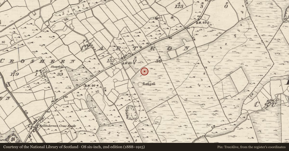 Ordnance Survey six-inch map, 2nd edition (1888–1915) covering the location of Ringfort - cashel, Cartron (Drumacoo ED ), County Galway, with a pin at the register's coordinates