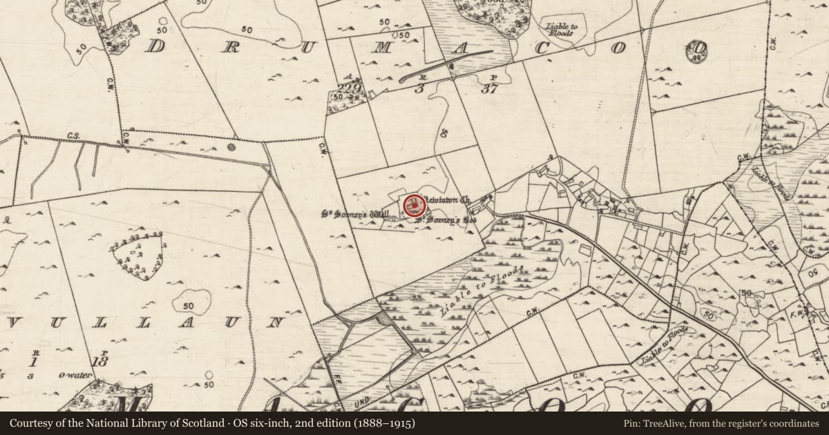 Ordnance Survey six-inch map, 2nd edition (1888–1915) covering the location of Church, Drumacoo, County Galway, with a pin at the register's coordinates