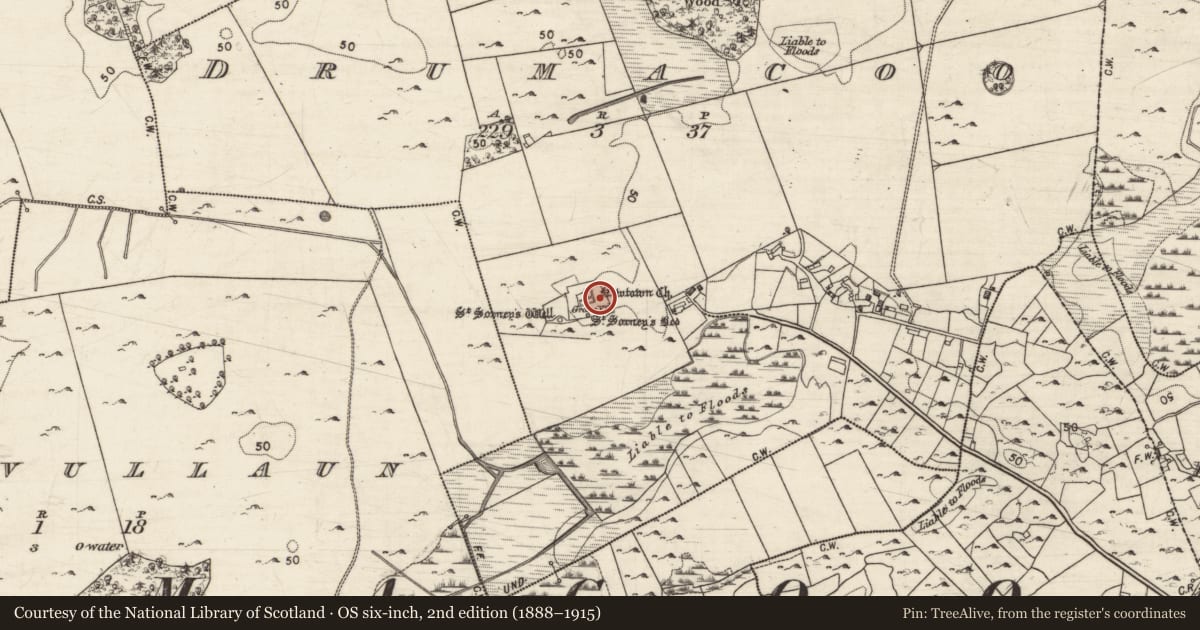 Ordnance Survey six-inch map, 2nd edition (1888–1915) covering the location of Graveyard, Drumacoo, County Galway, with a pin at the register's coordinates