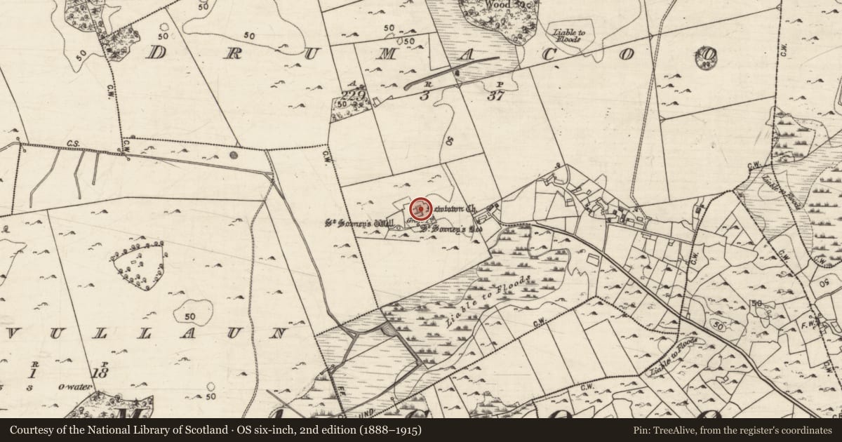 Ordnance Survey six-inch map, 2nd edition (1888–1915) covering the location of Mausoleum, Drumacoo, County Galway, with a pin at the register's coordinates