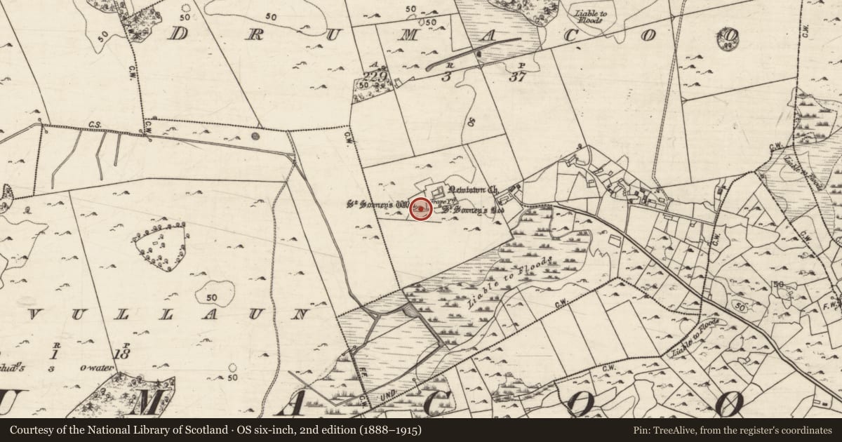 Ordnance Survey six-inch map, 2nd edition (1888–1915) covering the location of Ritual site - holy well, Drumacoo, County Galway, with a pin at the register's coordinates