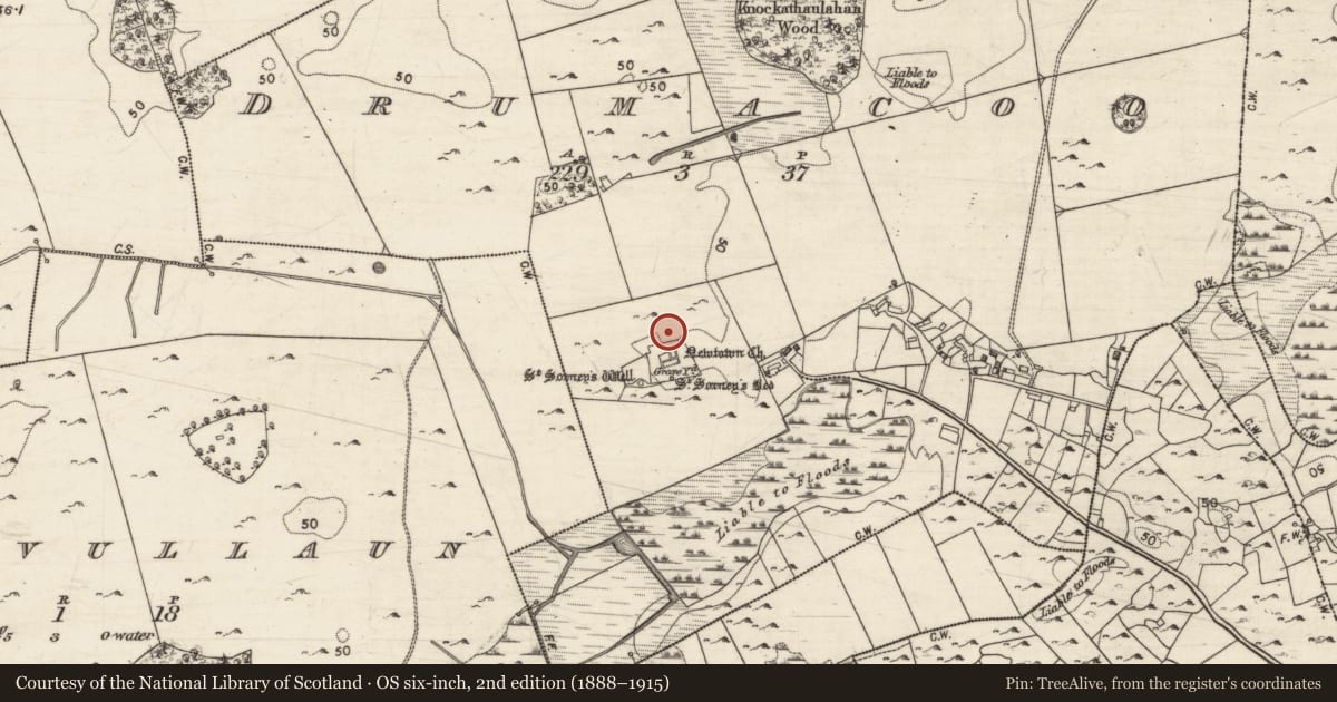 Ordnance Survey six-inch map, 2nd edition (1888–1915) covering the location of Settlement cluster, Drumacoo, County Galway, with a pin at the register's coordinates