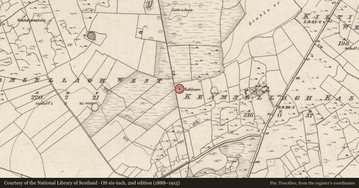 Ordnance Survey six-inch map, 2nd edition (1888–1915) covering the location of Ringfort - rath, Keamsellagh East, County Galway, with a pin at the register's coordinates