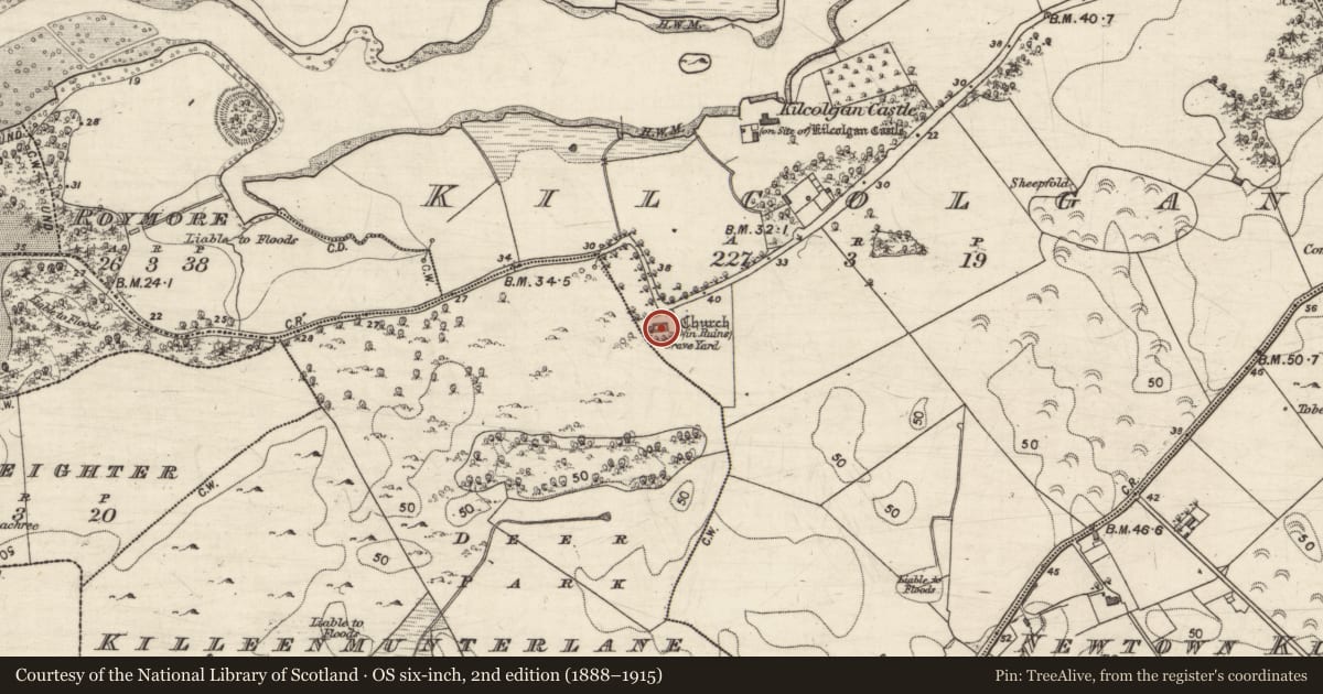 Ordnance Survey six-inch map, 2nd edition (1888–1915) covering the location of Church, Kilcolgan, County Galway, with a pin at the register's coordinates