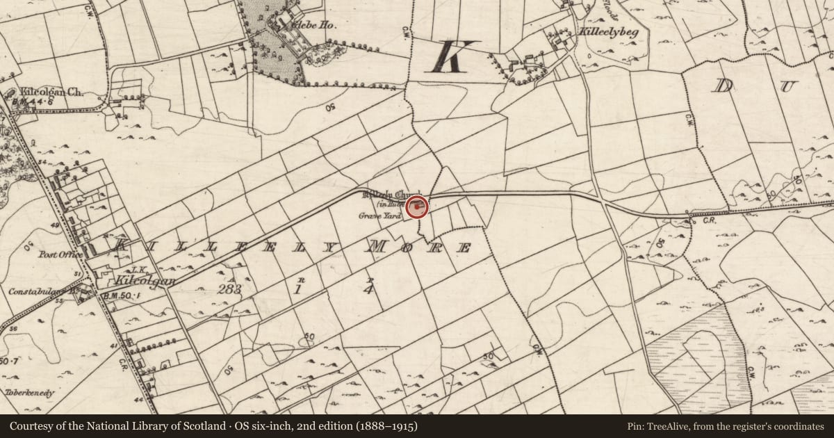 Ordnance Survey six-inch map, 2nd edition (1888–1915) covering the location of Graveyard, Killeely More, County Galway, with a pin at the register's coordinates