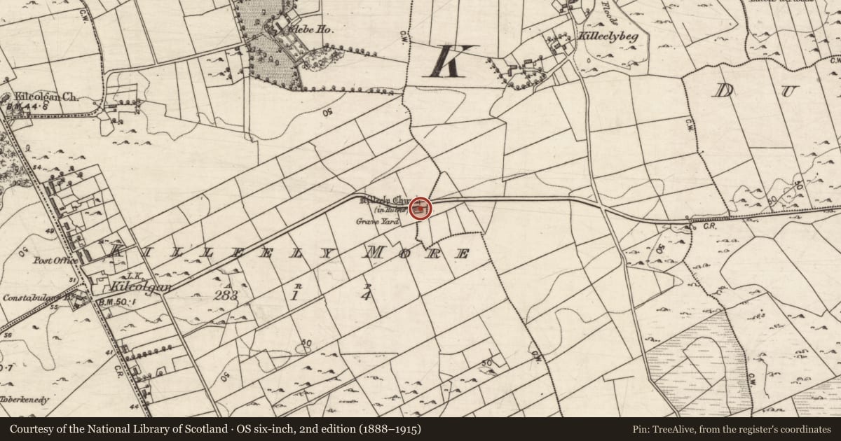 Ordnance Survey six-inch map, 2nd edition (1888–1915) covering the location of Graveslab, Killeely More, County Galway, with a pin at the register's coordinates