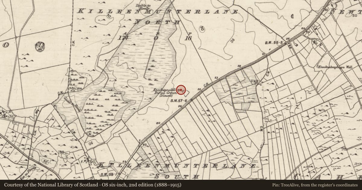 Ordnance Survey six-inch map, 2nd edition (1888–1915) covering the location of Ecclesiastical enclosure, Killeenmunterlane North, County Galway, with a pin at the register's coordinates
