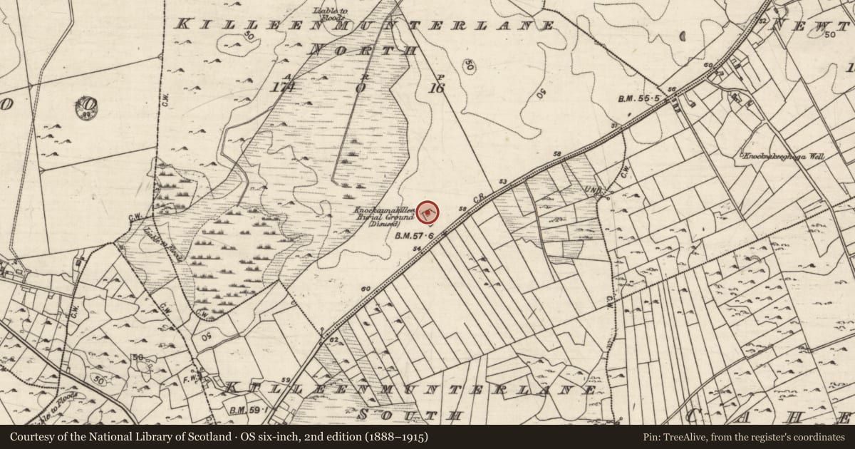 Ordnance Survey six-inch map, 2nd edition (1888–1915) covering the location of Church, Killeenmunterlane North, County Galway, with a pin at the register's coordinates