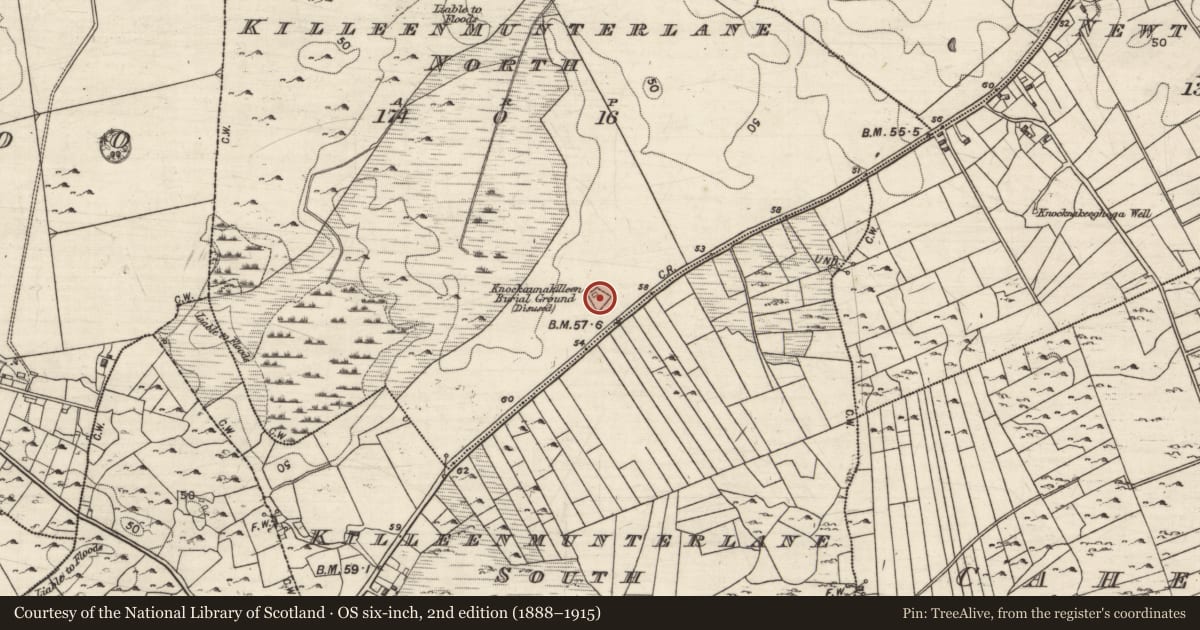 Ordnance Survey six-inch map, 2nd edition (1888–1915) covering the location of Children's burial ground, Killeenmunterlane North, County Galway, with a pin at the register's coordinates