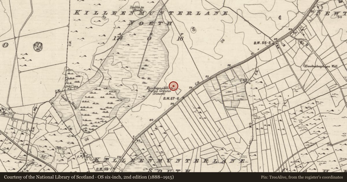 Ordnance Survey six-inch map, 2nd edition (1888–1915) covering the location of Hut site, Killeenmunterlane North, County Galway, with a pin at the register's coordinates