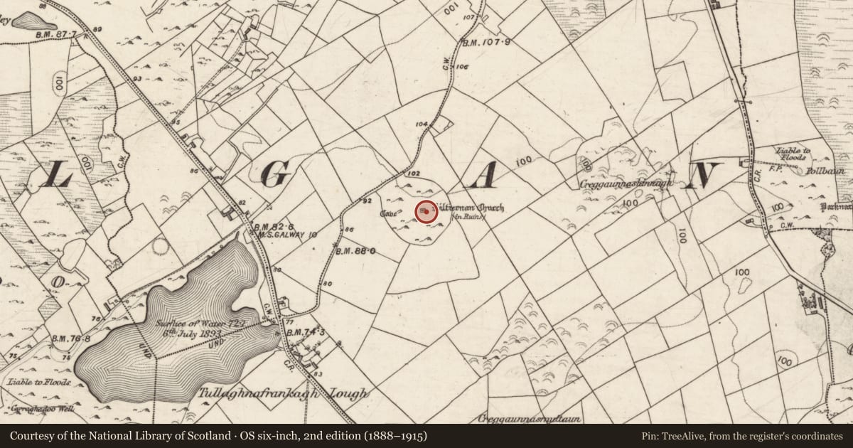 Ordnance Survey six-inch map, 2nd edition (1888–1915) covering the location of Church, Kiltiernan East, County Galway, with a pin at the register's coordinates