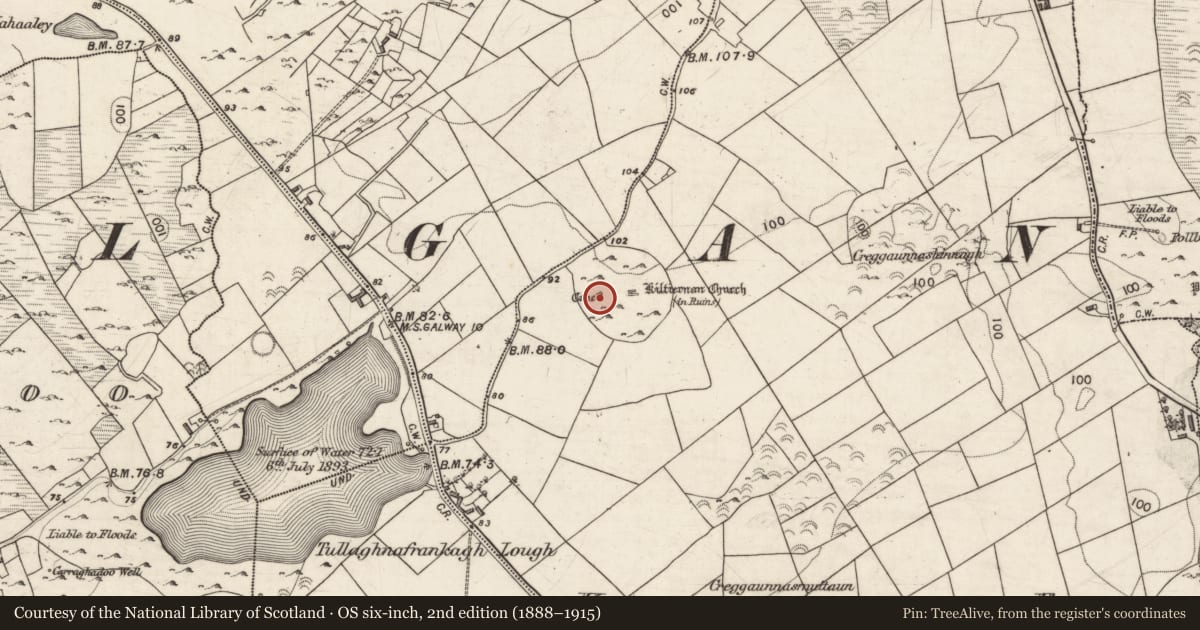 Ordnance Survey six-inch map, 2nd edition (1888–1915) covering the location of Souterrain, Kiltiernan East, County Galway, with a pin at the register's coordinates
