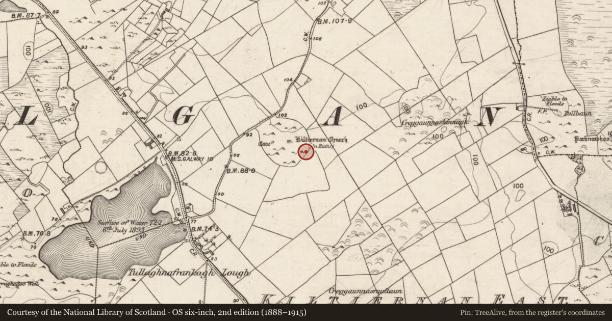 Ordnance Survey six-inch map, 2nd edition (1888–1915) covering the location of House - indeterminate date, Kiltiernan East, County Galway, with a pin at the register's coordinates