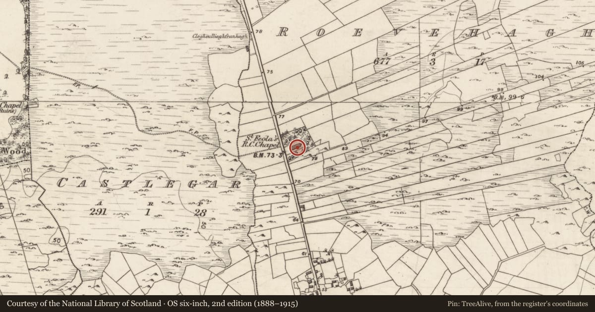 Ordnance Survey six-inch map, 2nd edition (1888–1915) covering the location of Church, Roevehagh, County Galway, with a pin at the register's coordinates