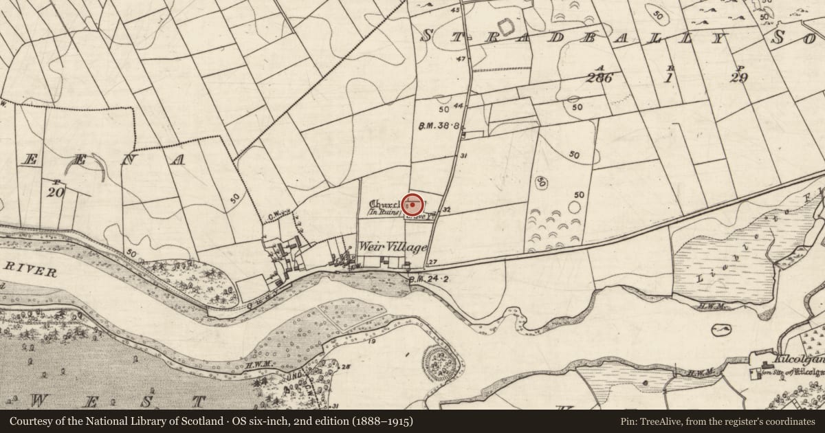 Ordnance Survey six-inch map, 2nd edition (1888–1915) covering the location of Church, Stradbally South, County Galway, with a pin at the register's coordinates
