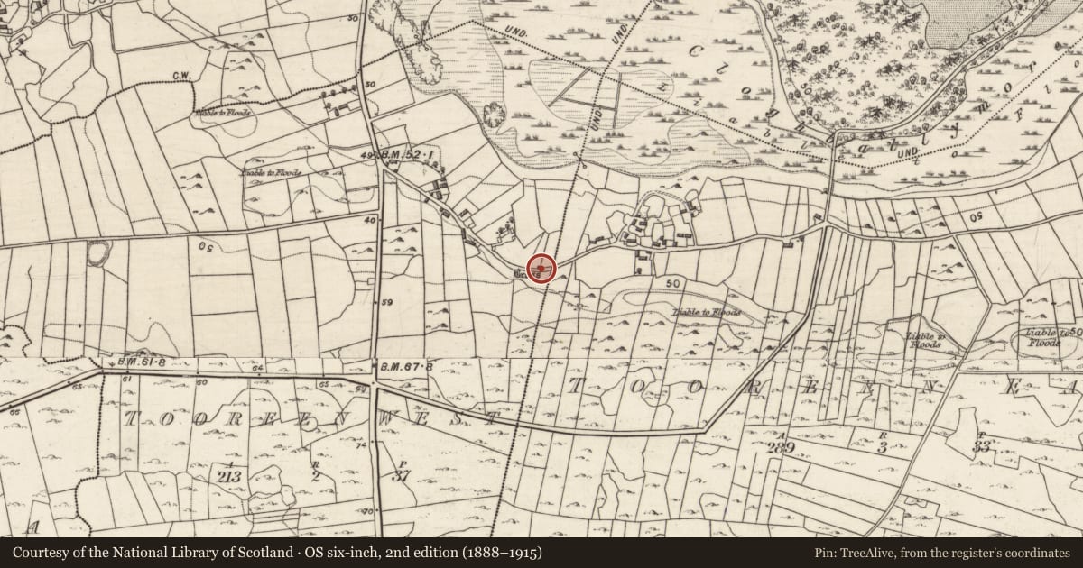 Ordnance Survey six-inch map, 2nd edition (1888–1915) covering the location of Children's burial ground, Tooreen West, County Galway, with a pin at the register's coordinates