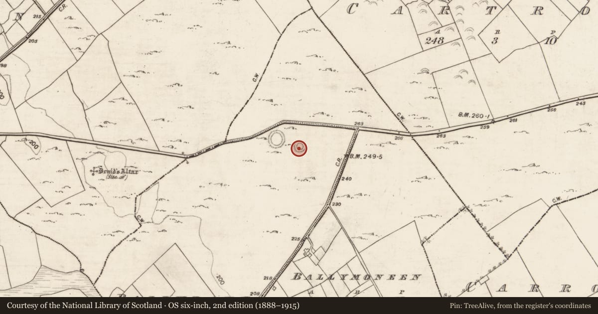 Ordnance Survey six-inch map, 2nd edition (1888–1915) covering the location of Barrow - ring-barrow, Ballybaun, County Galway, with a pin at the register's coordinates