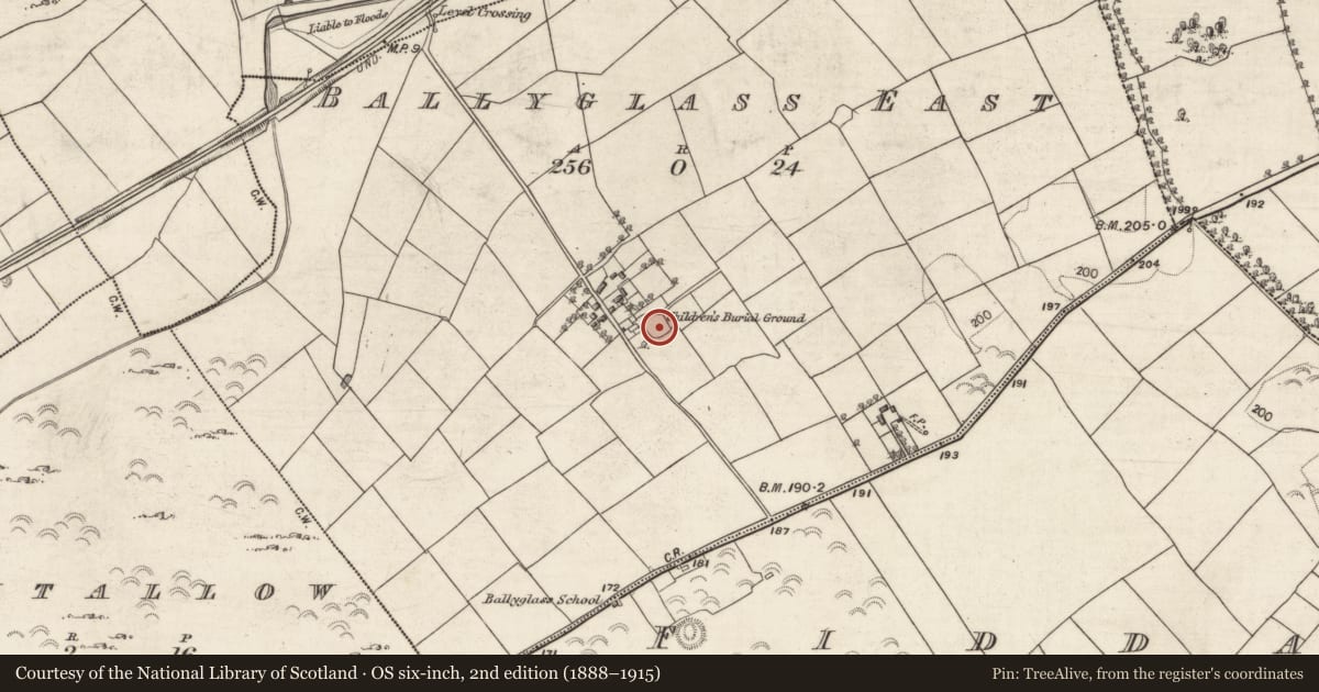 Ordnance Survey six-inch map, 2nd edition (1888–1915) covering the location of Children's burial ground, Ballyglass East, County Galway, with a pin at the register's coordinates