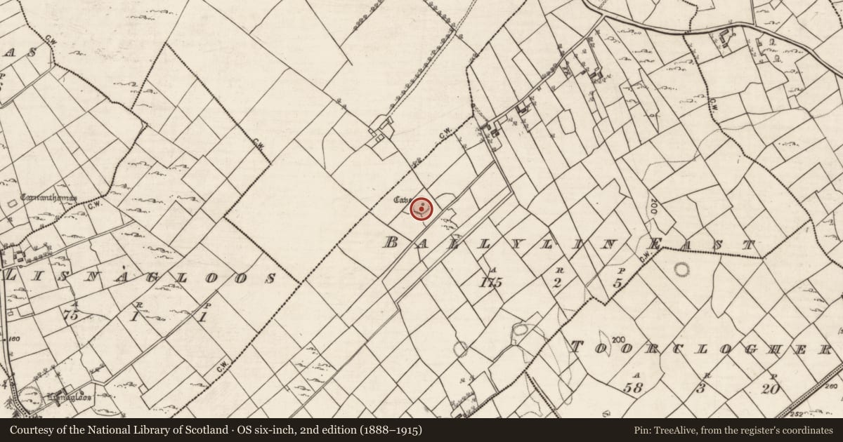 Ordnance Survey six-inch map, 2nd edition (1888–1915) covering the location of Ringfort - rath, Ballylin East, County Galway, with a pin at the register's coordinates