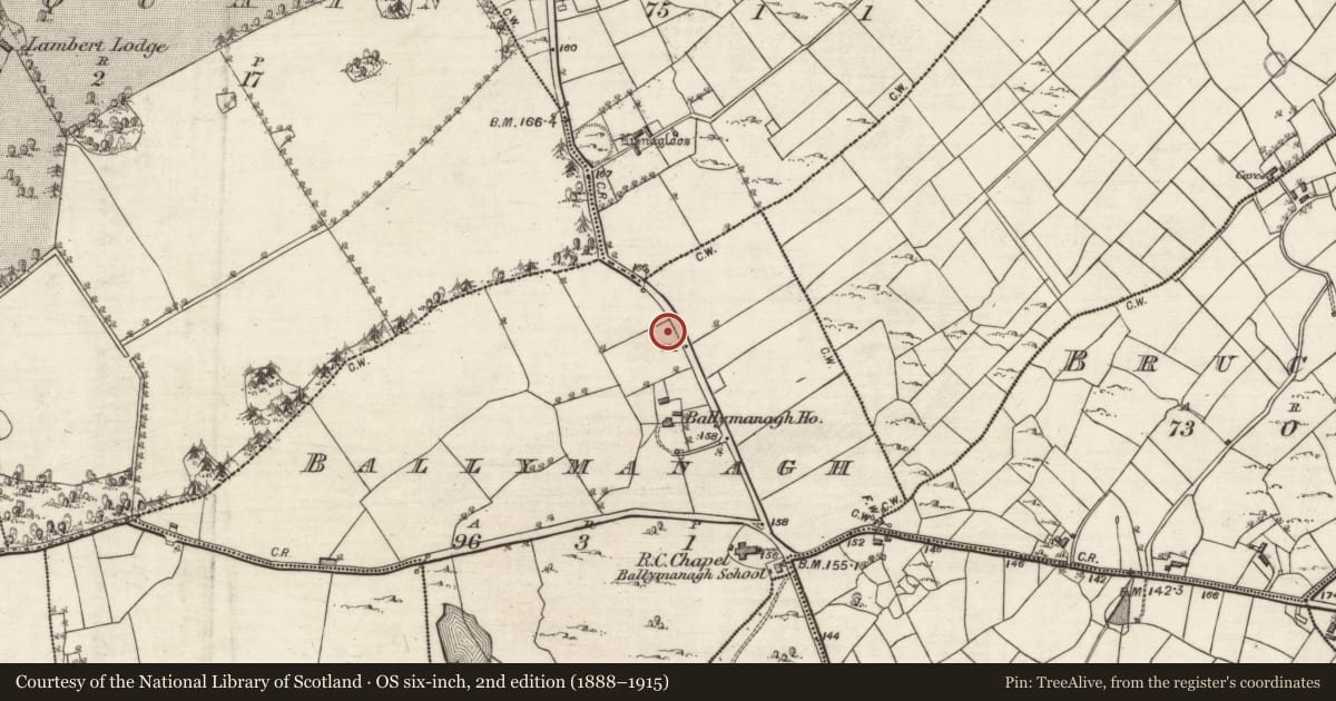 Ordnance Survey six-inch map, 2nd edition (1888–1915) covering the location of Souterrain, Ballymanagh, County Galway, with a pin at the register's coordinates