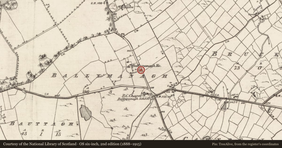 Ordnance Survey six-inch map, 2nd edition (1888–1915) covering the location of Architectural fragment, Ballymanagh, County Galway, with a pin at the register's coordinates