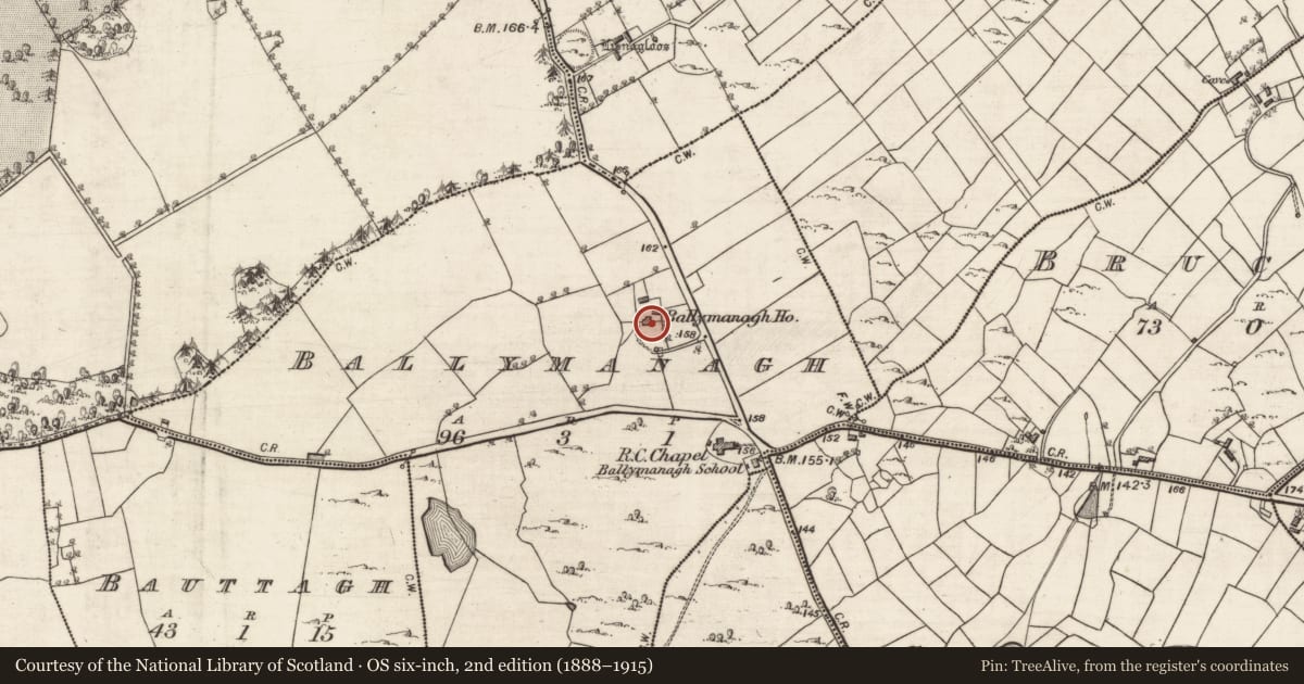 Ordnance Survey six-inch map, 2nd edition (1888–1915) covering the location of House - 18th/19th century, Ballymanagh, County Galway, with a pin at the register's coordinates
