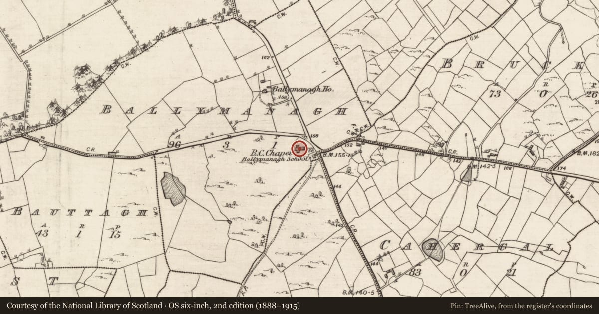 Ordnance Survey six-inch map, 2nd edition (1888–1915) covering the location of Church, Ballymanagh, County Galway, with a pin at the register's coordinates