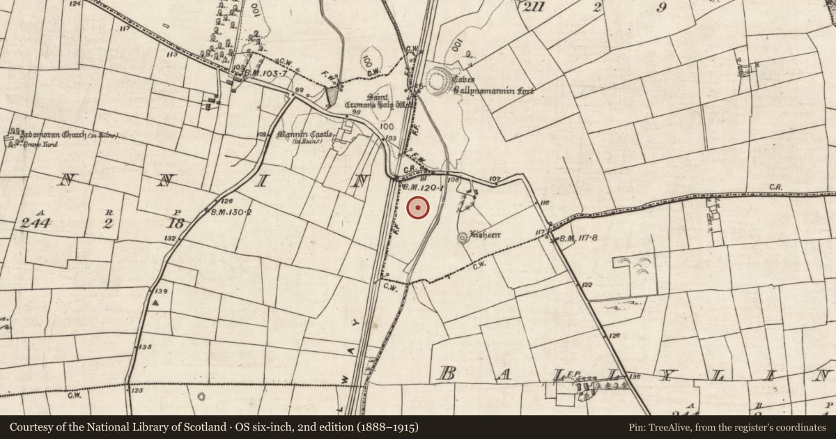 Ordnance Survey six-inch map, 2nd edition (1888–1915) covering the location of Enclosure, Ballynamannin, County Galway, with a pin at the register's coordinates