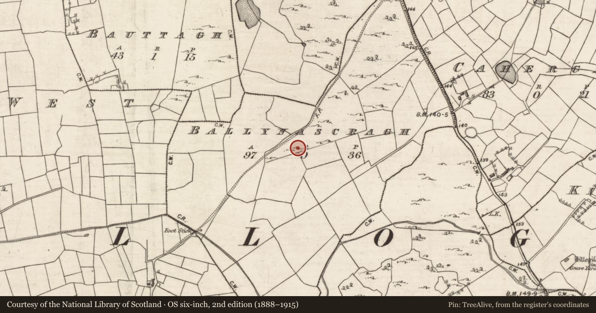 Ordnance Survey six-inch map, 2nd edition (1888–1915) covering the location of House - indeterminate date, Ballynascragh, County Galway, with a pin at the register's coordinates