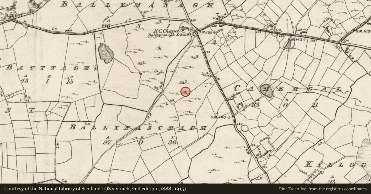 Ordnance Survey six-inch map, 2nd edition (1888–1915) covering the location of Structure, Ballynascragh, County Galway, with a pin at the register's coordinates