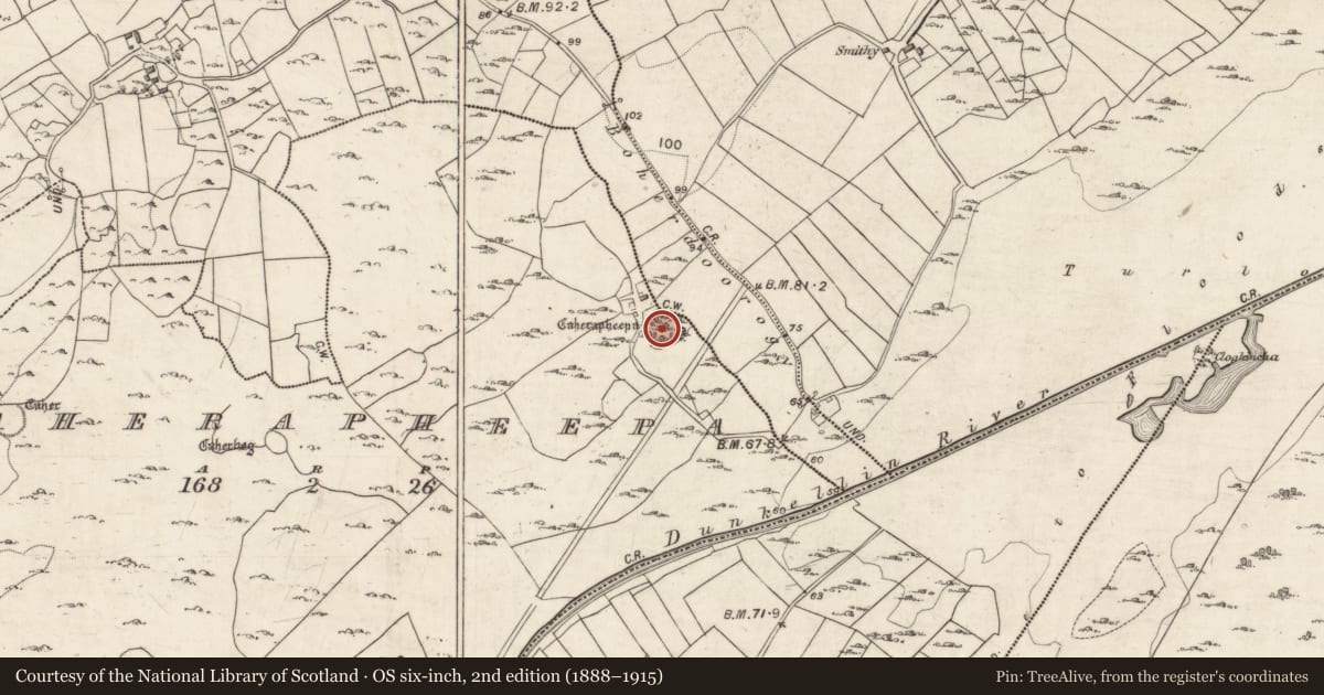 Ordnance Survey six-inch map, 2nd edition (1888–1915) covering the location of Souterrain, Caherapheepa, Fahymactibbot, County Galway, with a pin at the register's coordinates
