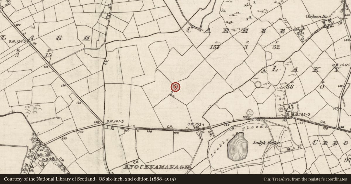 Ordnance Survey six-inch map, 2nd edition (1888–1915) covering the location of Barrow - ring-barrow, Carheen, County Galway, with a pin at the register's coordinates